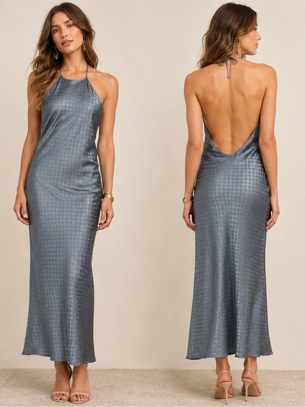 House of Harlow 1960 Halterneck Backless Baby Blue Diamond Patterned Dress Large